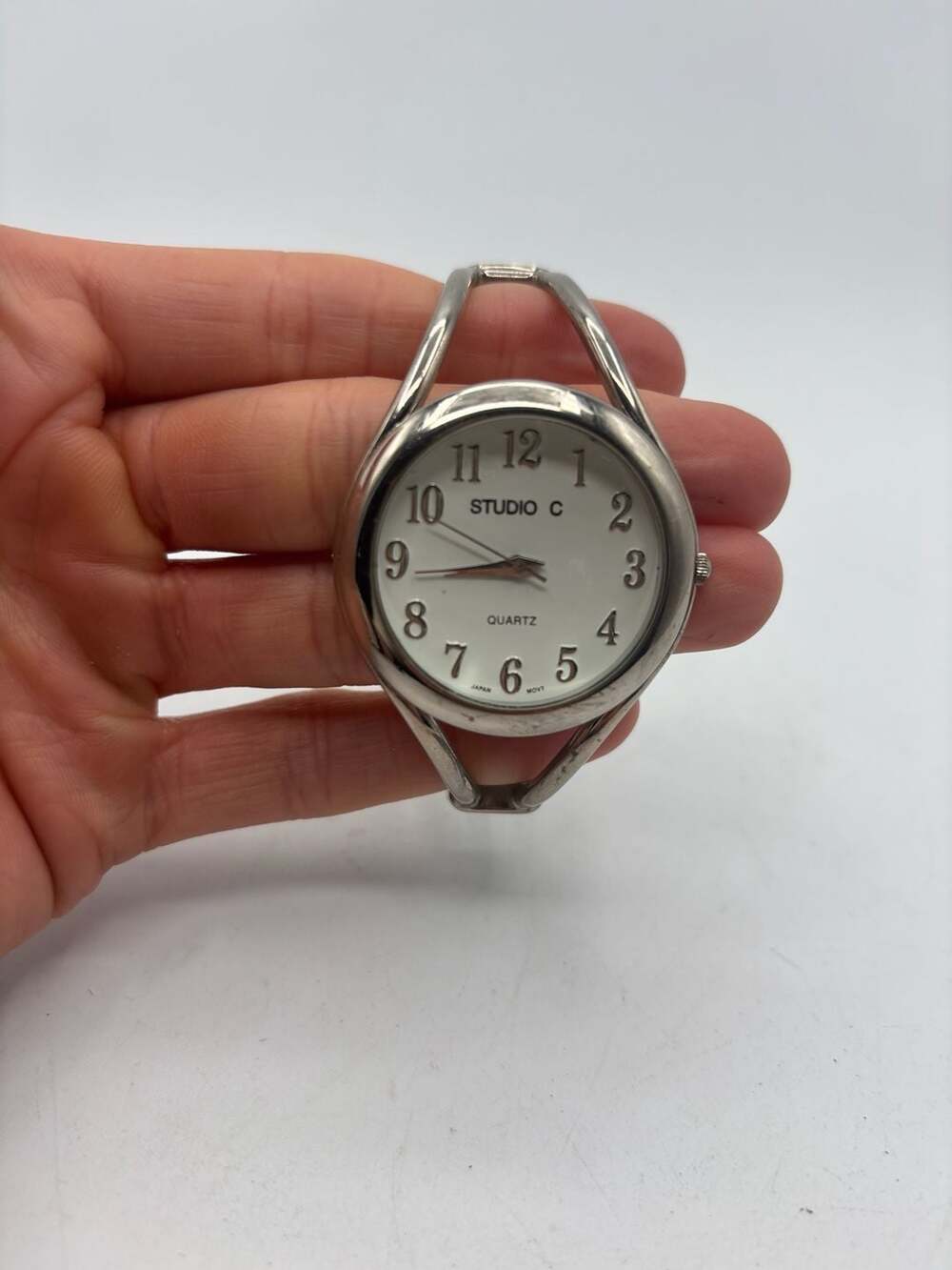 Studio C Women's Silver Tone Quartz Hinged Bangle Cuff Watch
